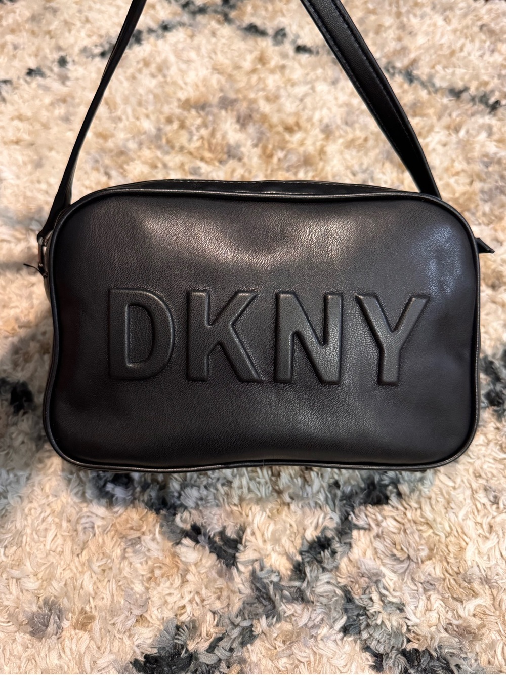 DKNY Black Embossed Camera Crossbody Bag Purse